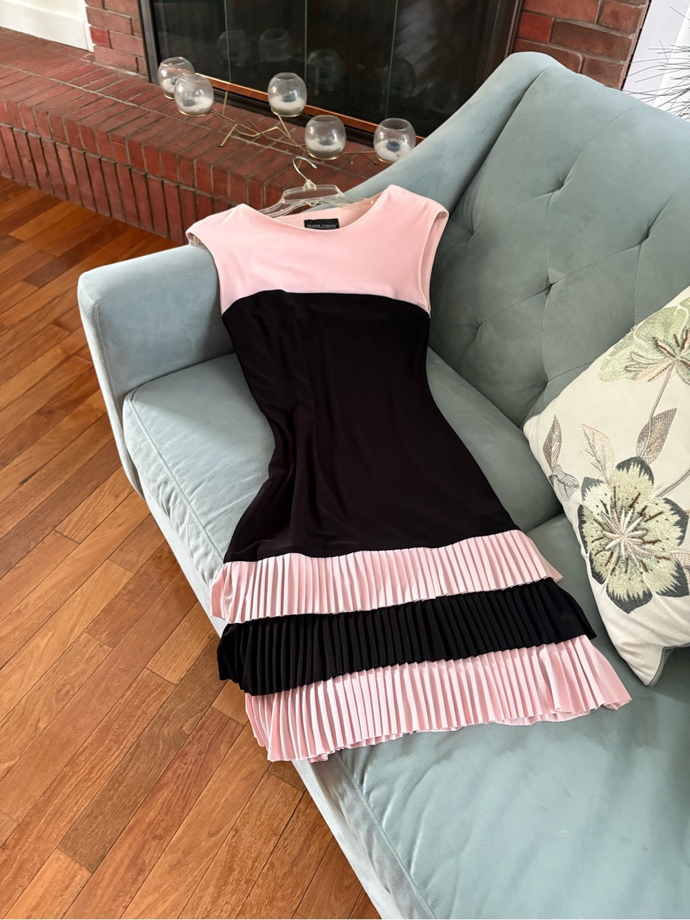 Frank Lyman Design Pink and Black Layered Pleat Mini Dress
